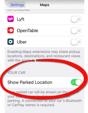 Show Parked Location of Maps Settings