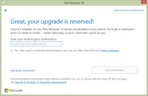 Windows 10 Reservation confirmation screen