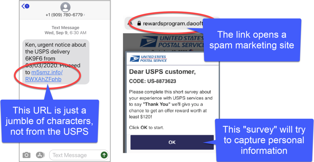 comparison of spam text link and destination website